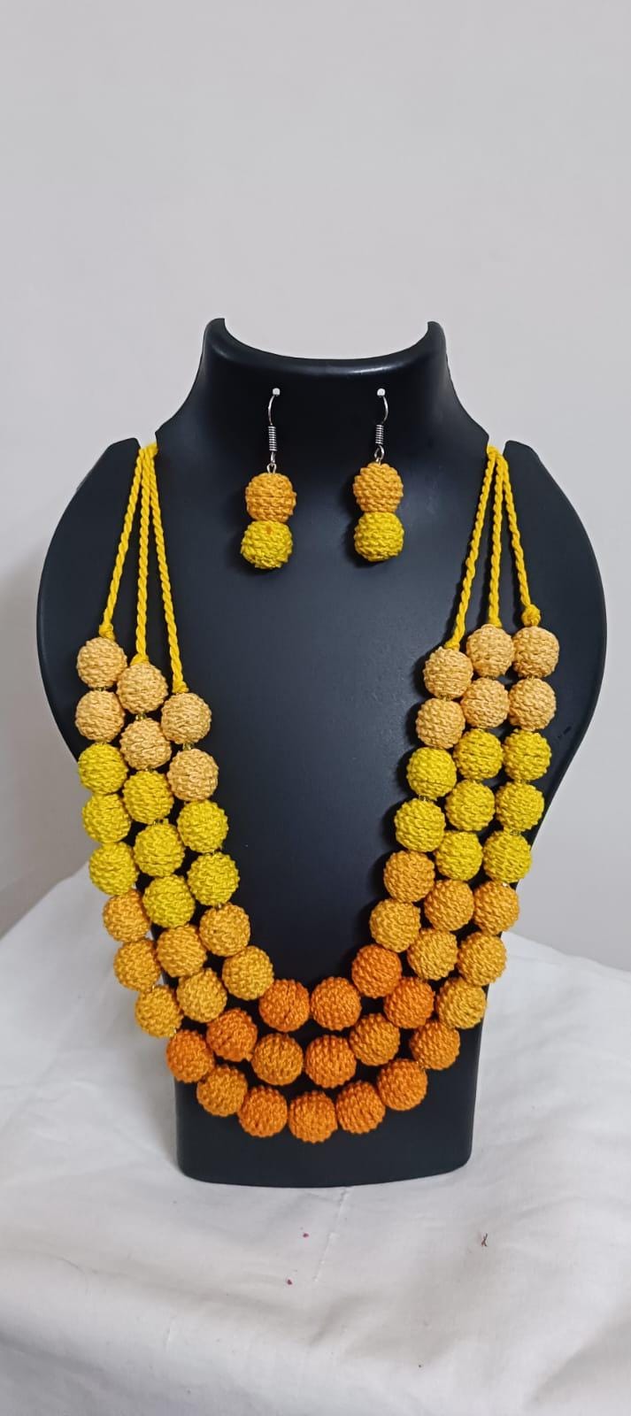 Exclusive 3 layered yellow thread beads necklace set with matching earrings