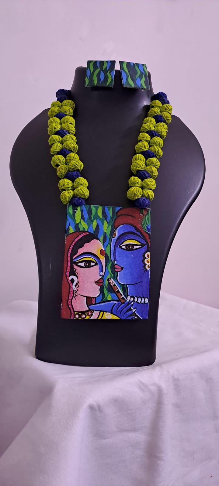 Handpainted fabric necklace set with earrings