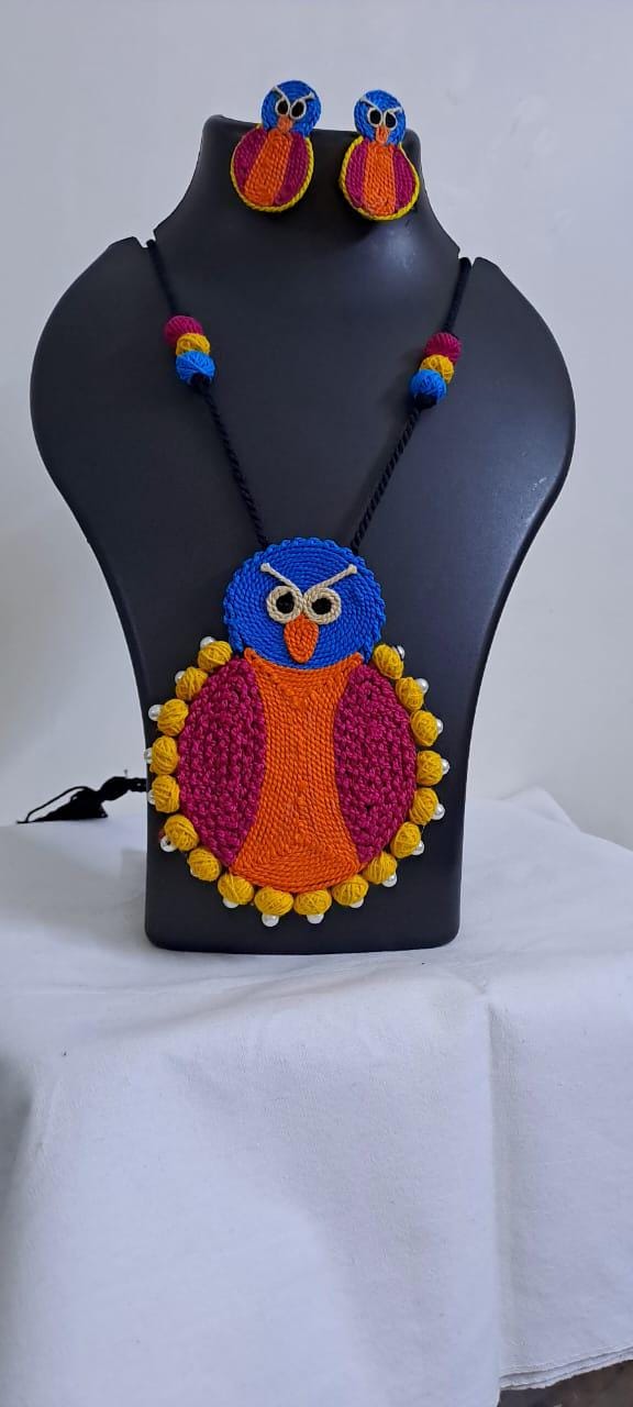 Handmade thread jewellery necklace set with owl pendant and matching earrings