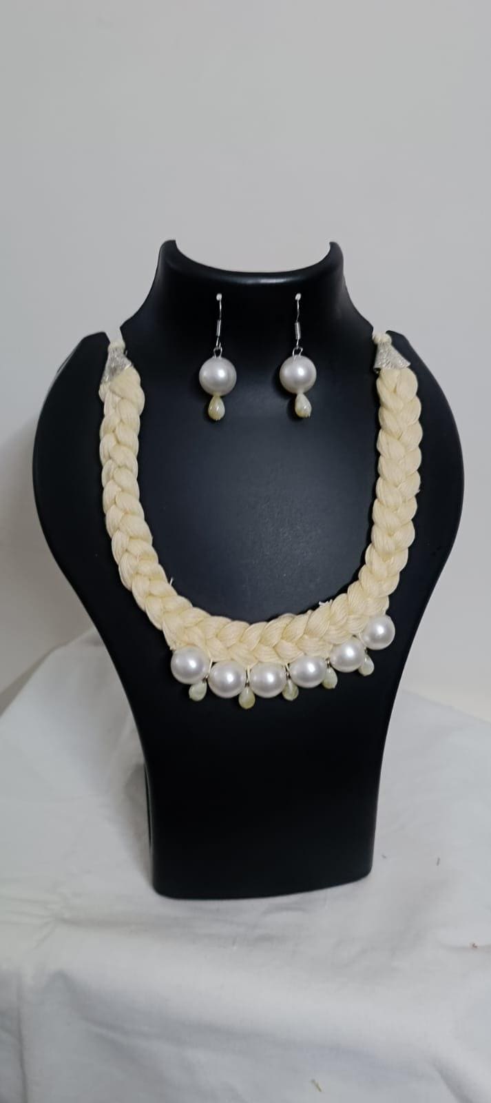 Offwhite braided thread necklace with pearl n pearl danglers