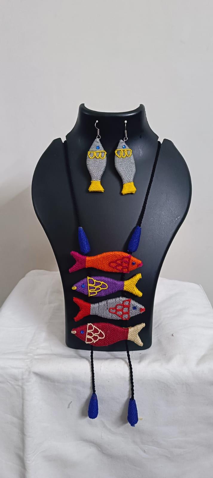 Multi colour crochet thread necklace with fish pendant and matching thread earrings