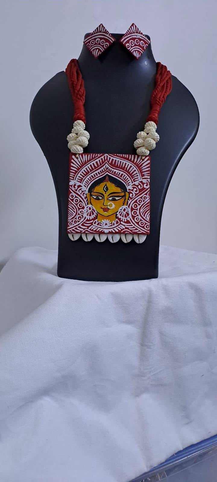 Handpainted fabric necklace set with earrings