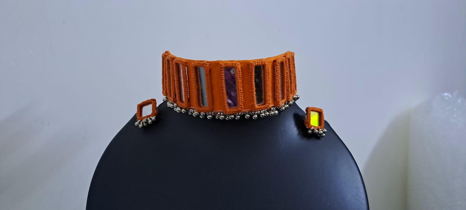 Kutchwork glasswork necklace set with matching earrings