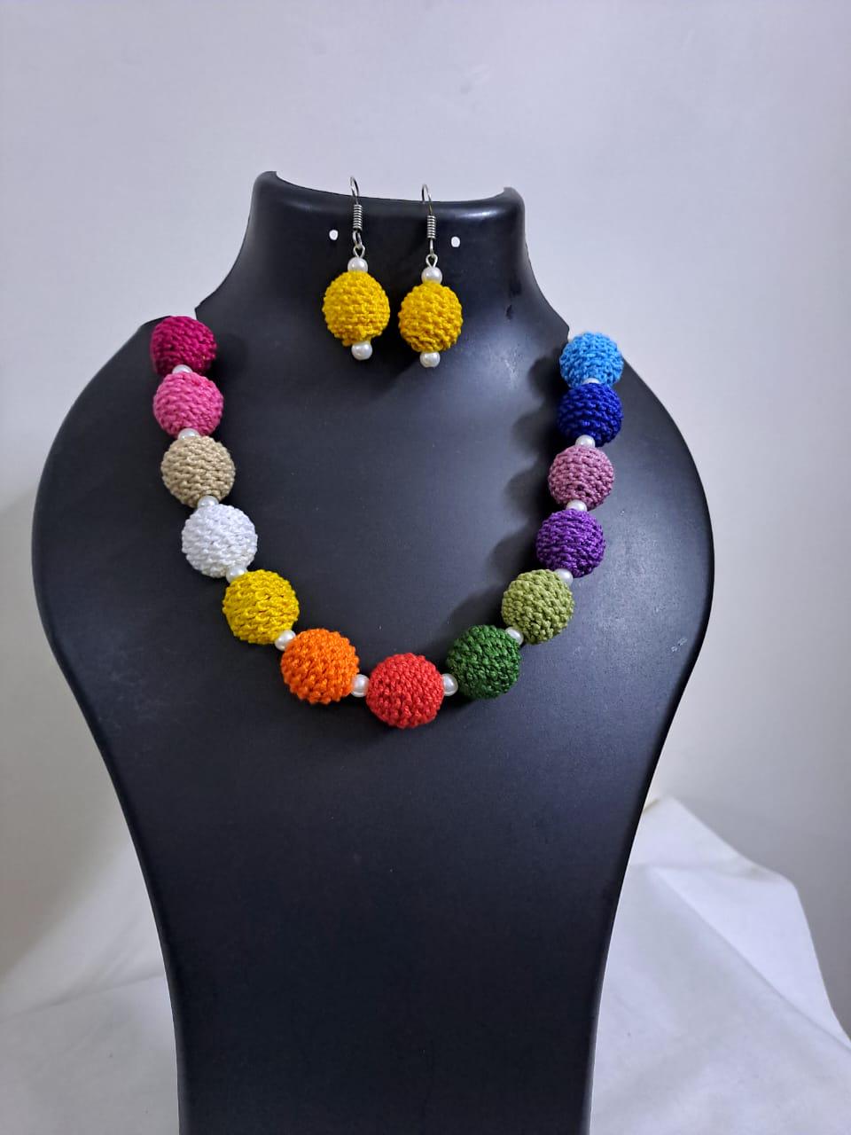 Crochet thread beads necklace set with matching earrings