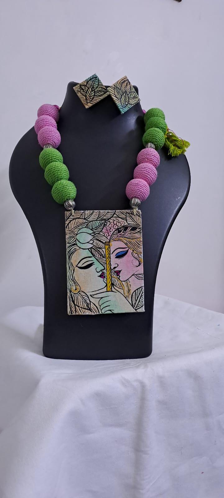 Handpainted fabric necklace set with earrings