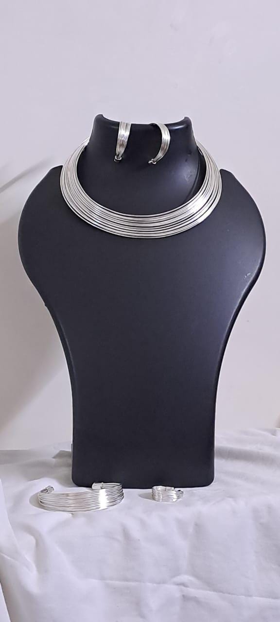Exclusive multi layered  wired silver oxidised neckband with matching earrings, bracelet n ring
