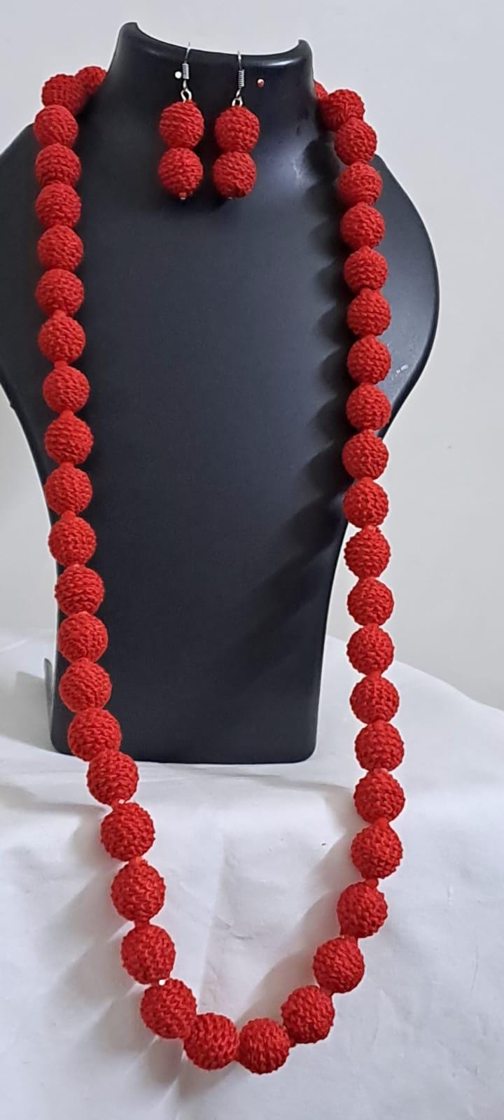 Exclusive red colour thread beads long necklace set with matching earrings