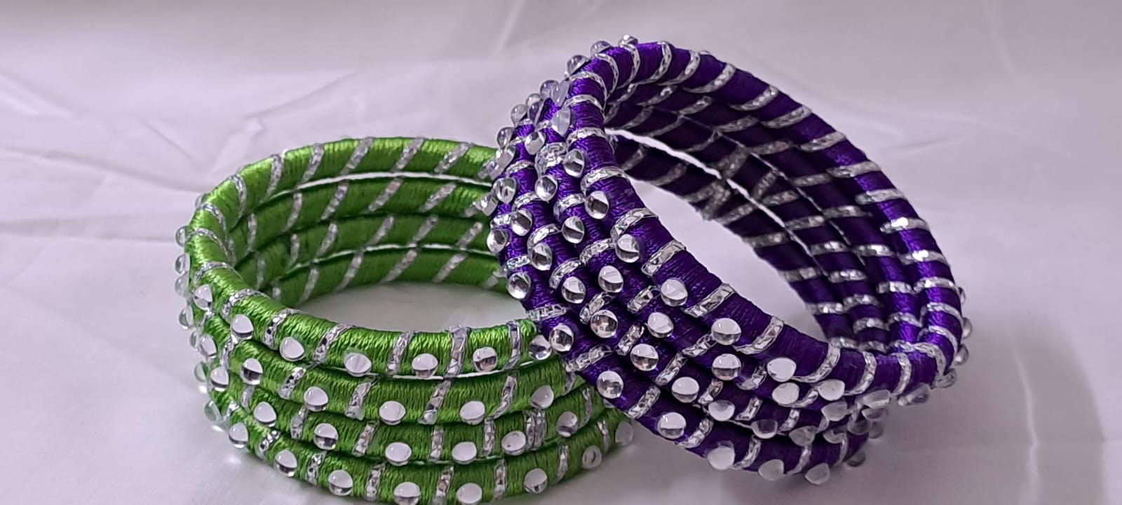 Purple and Green colour traditional kundan n gotta patti bangles with zari box  (set of 8 bangles)