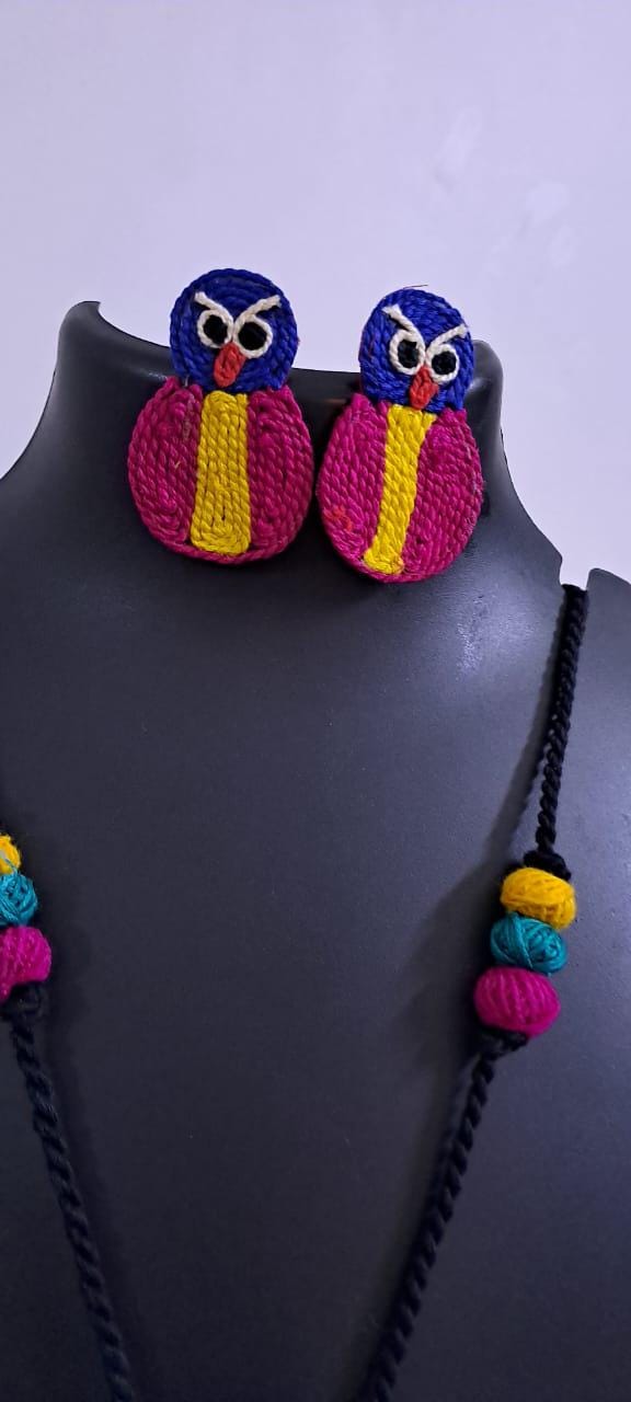 Handmade thread jewellery necklace set with owl pendant and matching earrings