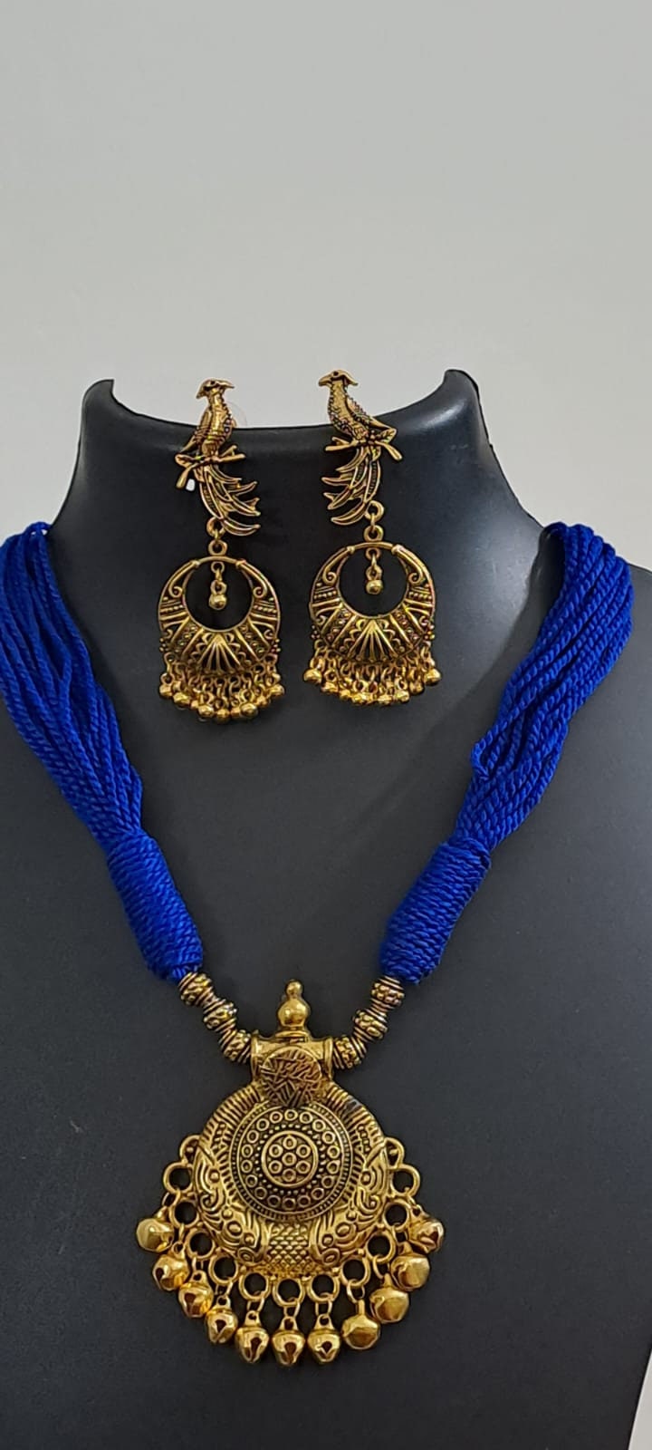 Blue thread necklace with Golden oxidised traditional pendant