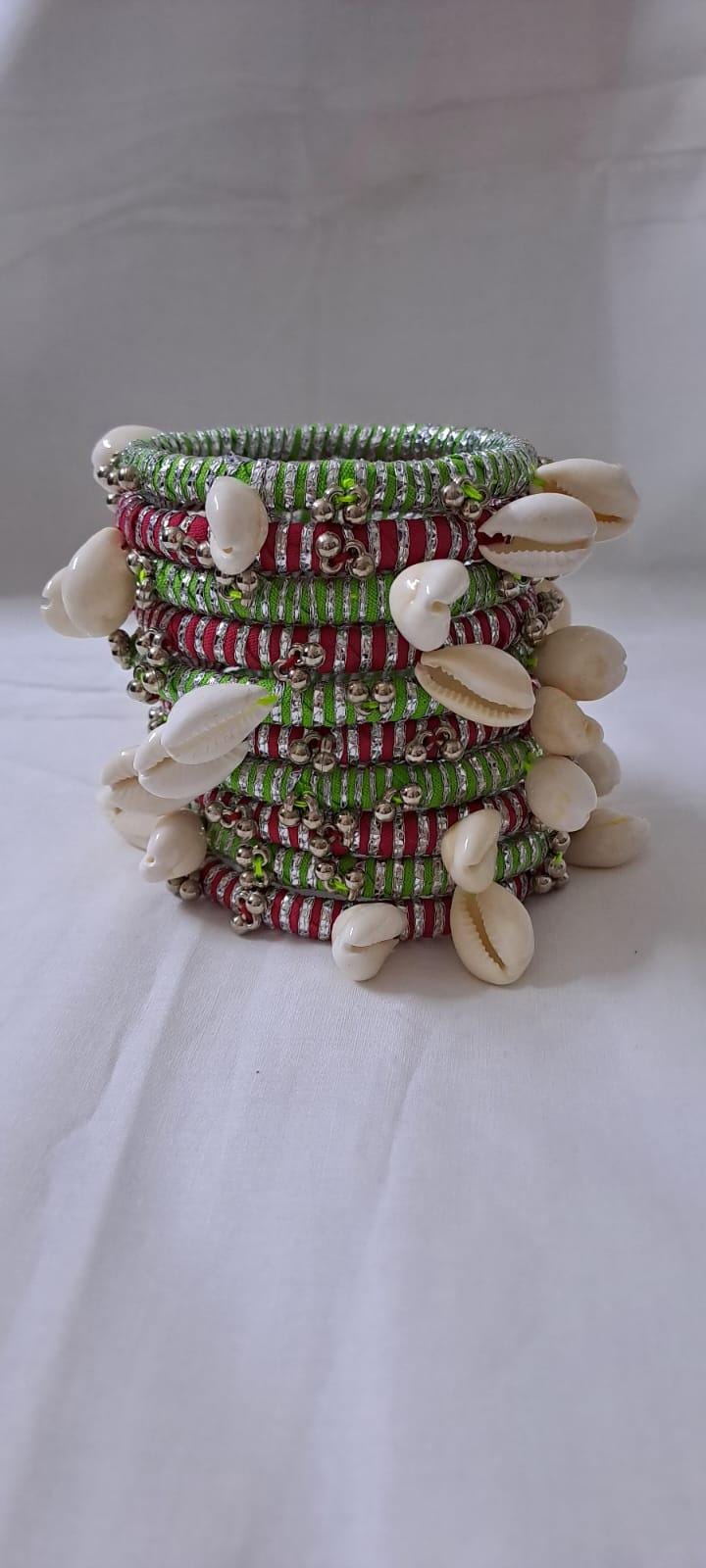 Red and green colour traditional zari thread and kori bangles (set of 10 bangles)