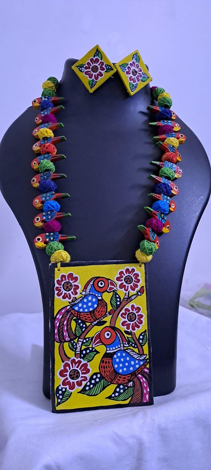 Handpainted fabric necklace set with earrings