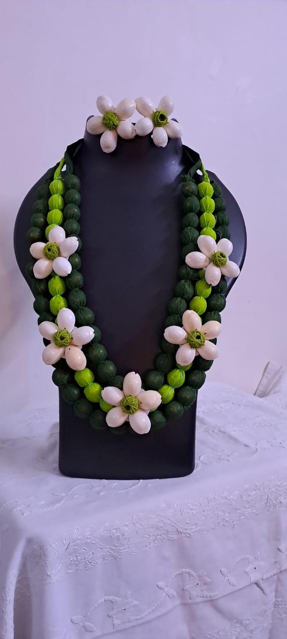 Exclusive multi-layered green fabric necklace with shells n matching earrings