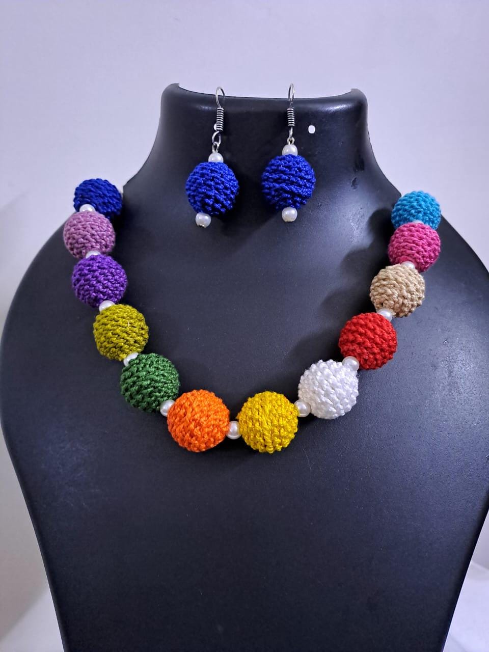 Crochet thread beads necklace set with matching earrings