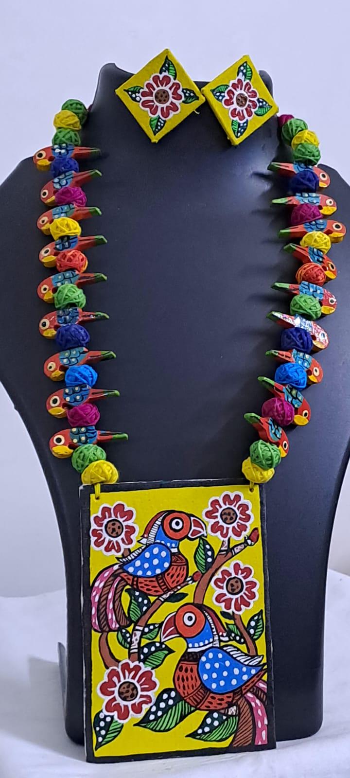 Handpainted fabric necklace set with earrings