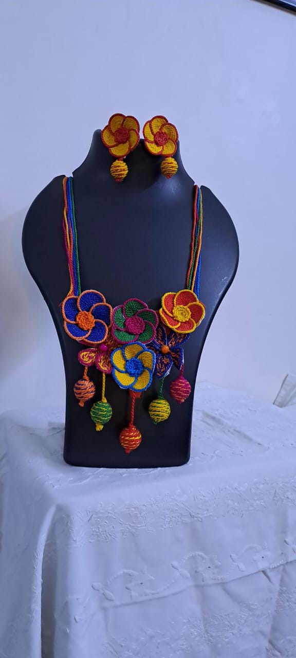 Multi colour flower thread necklace with thread bead fringes and matching earrings