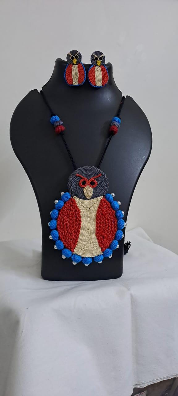 Handmade thread jewellery necklace set with owl pendant and matching earrings