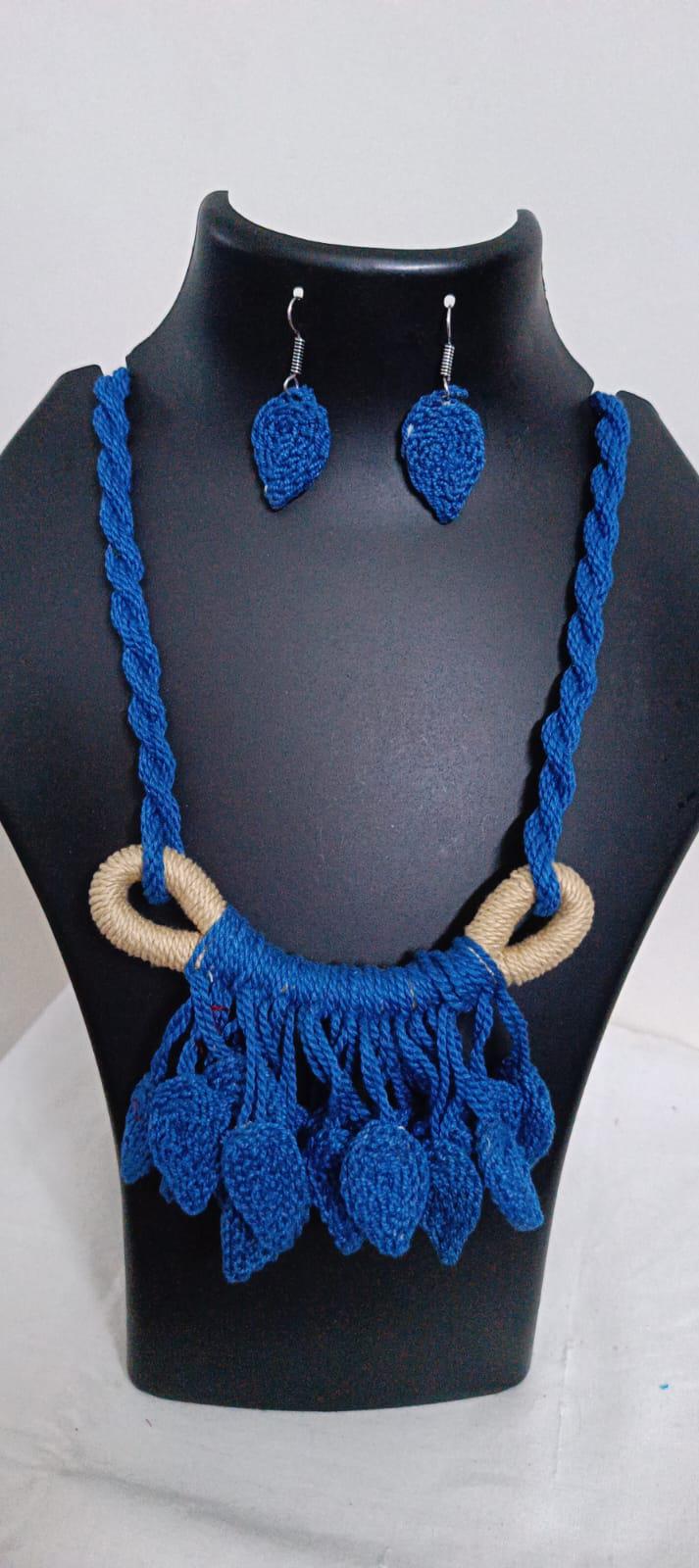 Blue Crochet thread necklace set with leaf fringes and matching earrings