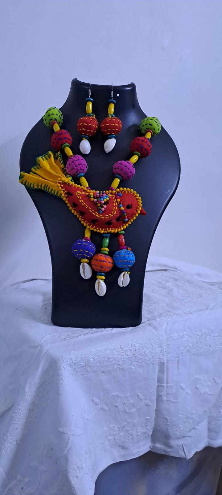 Exclusive fabric necklace with embroidered red fabric bird pendant and fabric beads n matching beads