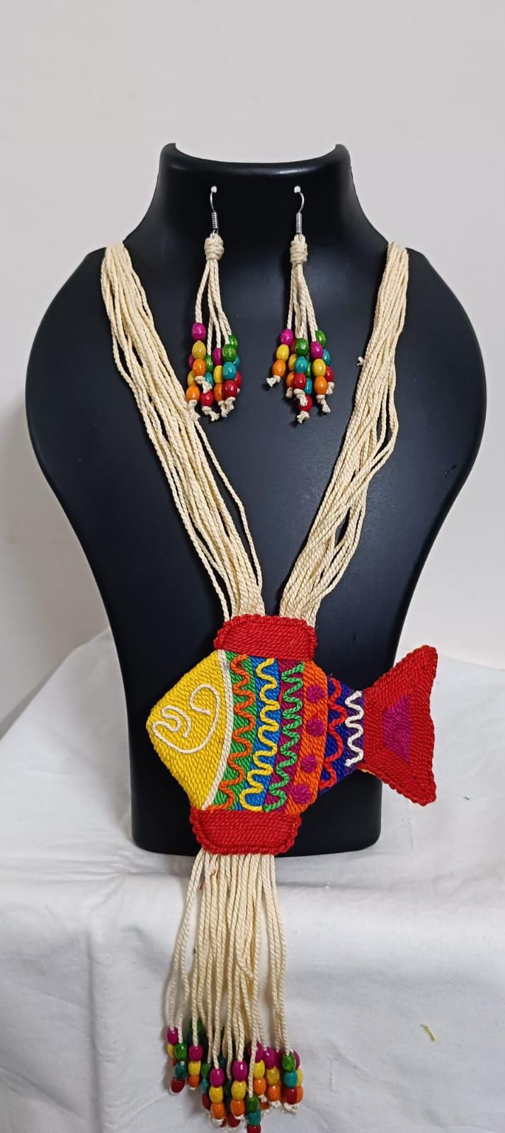 Multi colour thread fish pendant Jewellery. set with matching thread earrings