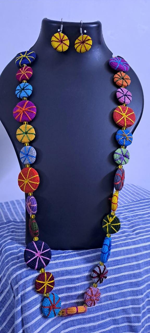 Exclusive multicoloured flat thread beads long necklace set with matching earrings (yellow)