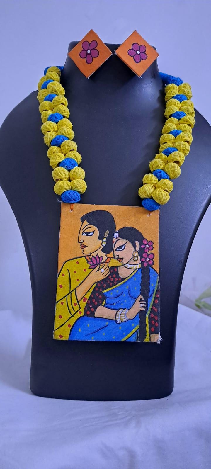 Handpainted fabric necklace set with earrings