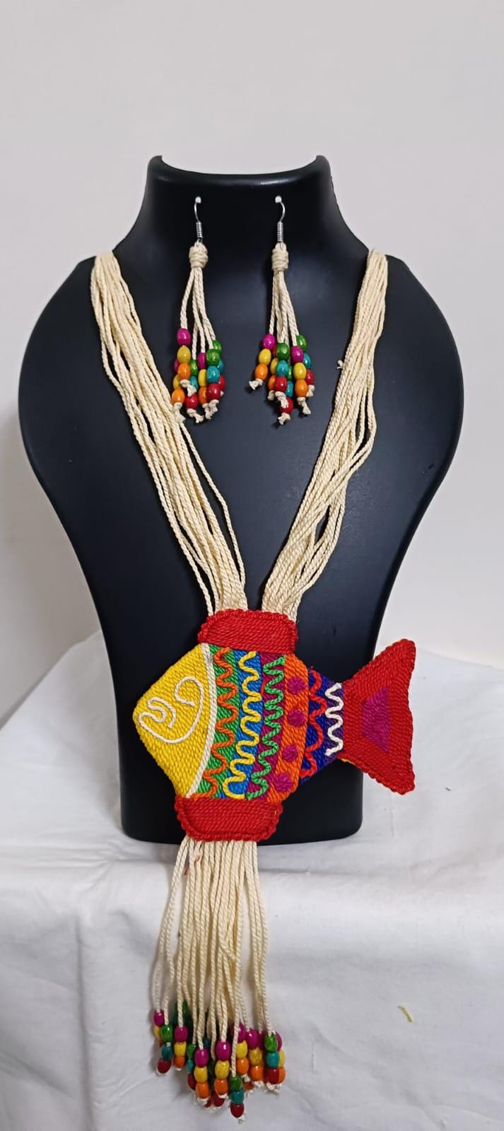 Multi colour thread fish pendant Jewellery. set with matching thread earrings