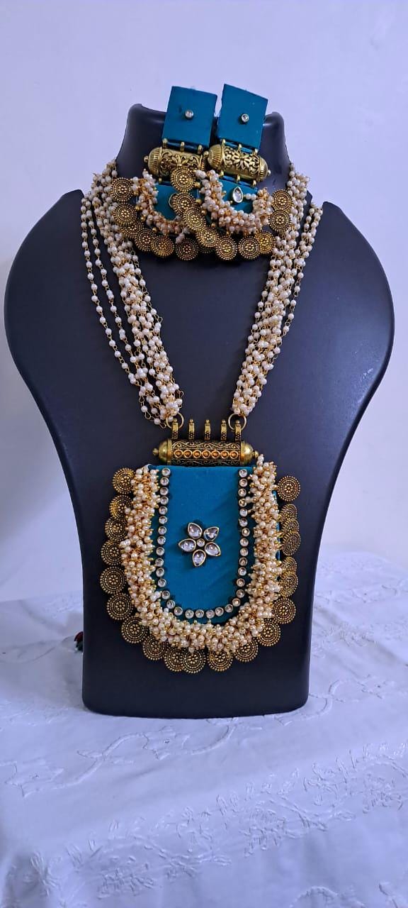 Exclusive Indian traditional blue fabric necklace with laural beads and kundan n matching earrings