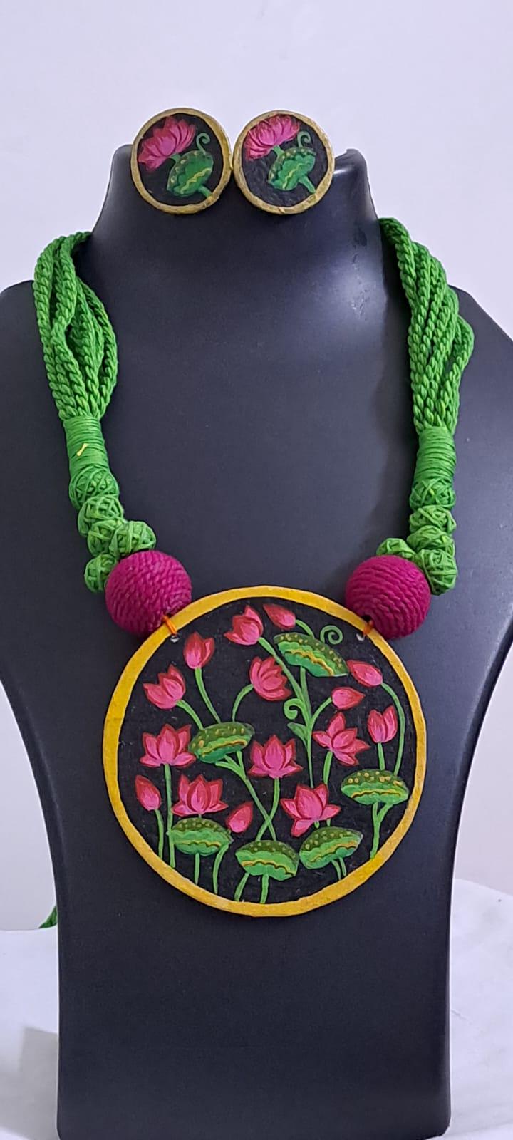 Handpainted fabric necklace set with earrings