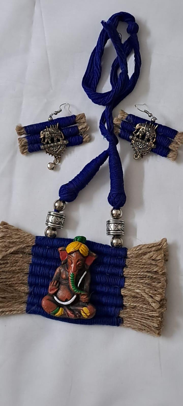 Terracotta Ganesha pendant jute necklace set with matching earrings