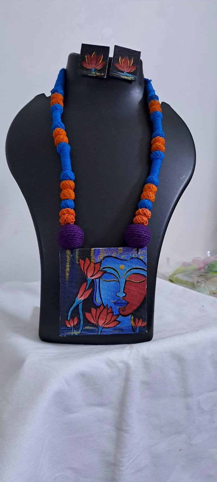 Handpainted fabric jewellery set with matching earrings
