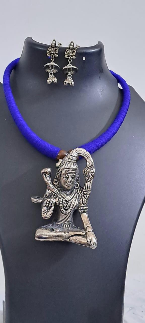 Blue thread necklace with silver oxidised lord shivji pendant