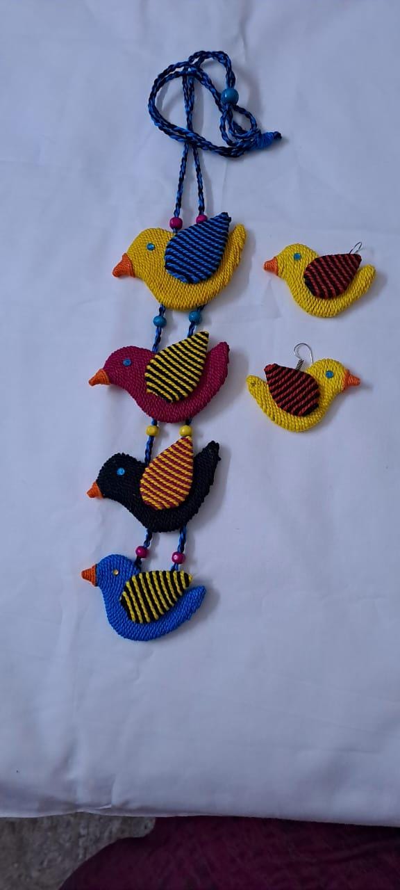 Multi coloured bird necklace and matching earrings
