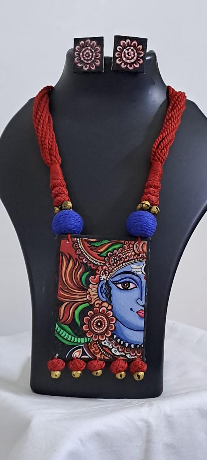 Handpainted fabric jewellery set with matching earrings