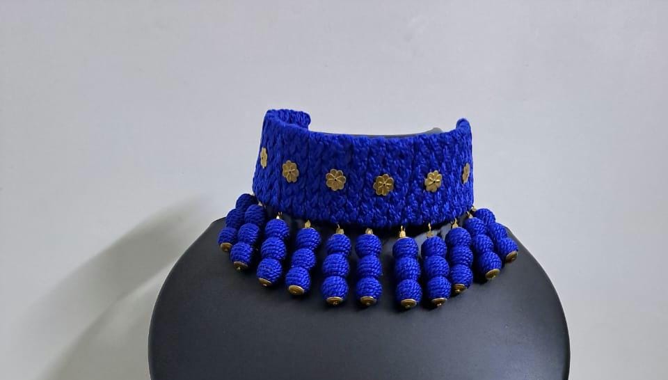 Blue braided choker necklace set with fringes and matching earrings