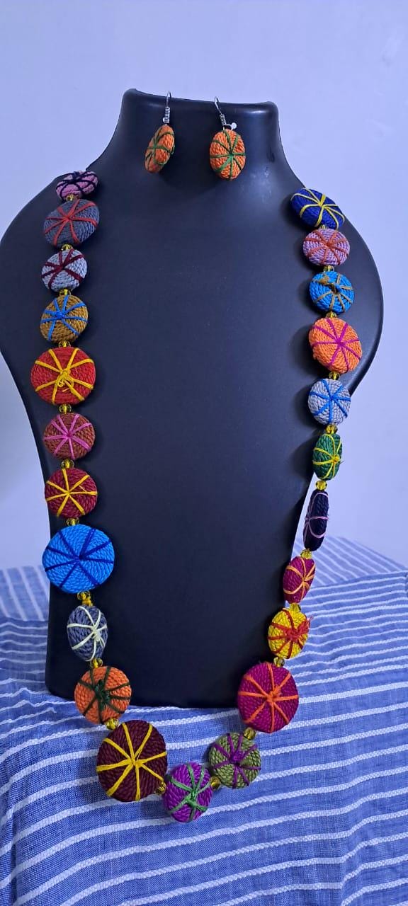 Exclusive multicoloured flat thread beads long necklace set with matching earrings (orange)