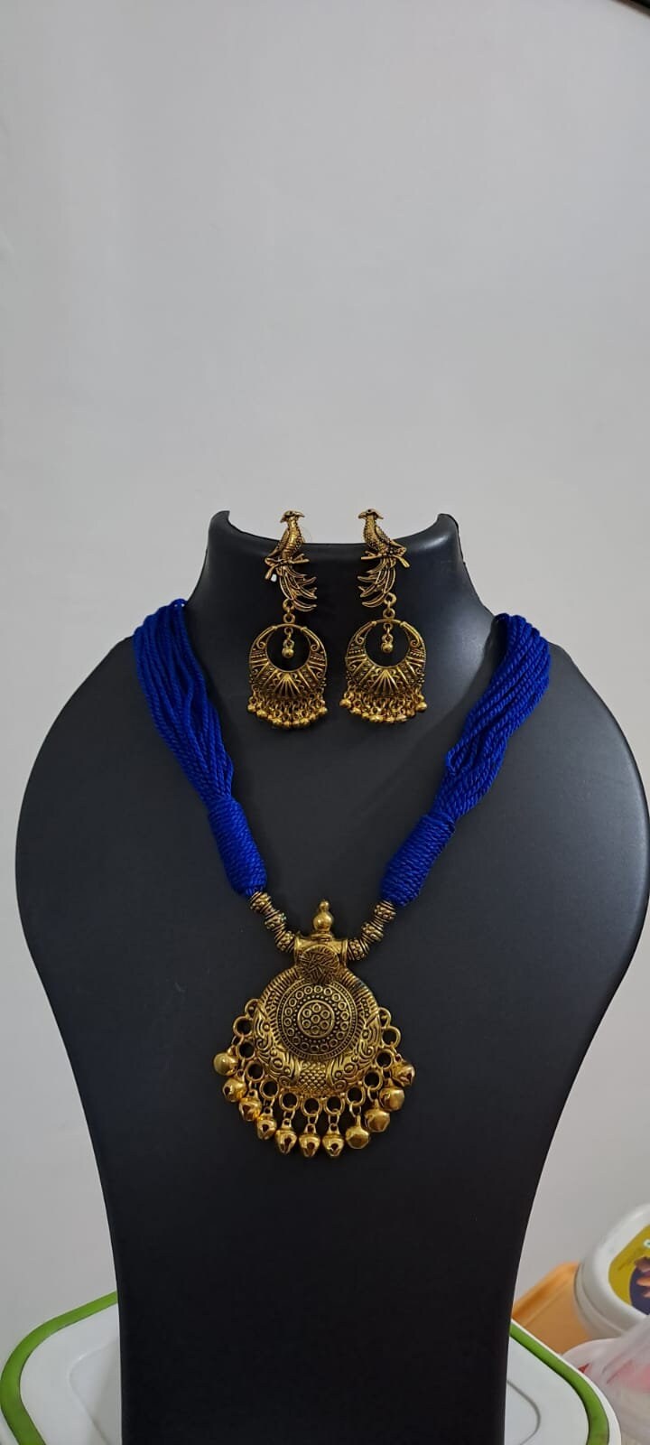 Blue thread necklace with Golden oxidised traditional pendant