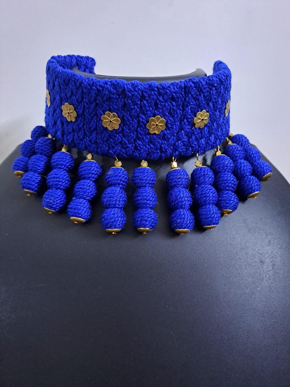 Blue braided choker necklace set with fringes and matching earrings