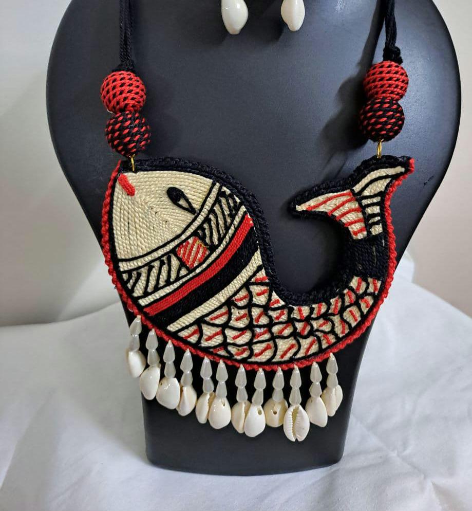 Handmade thread jewellery necklace set with fish pendant n shell  danglers and matching earrings