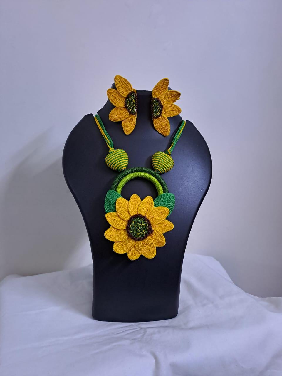 Yellow thread necklace set with sunflower pendant n matching earrings