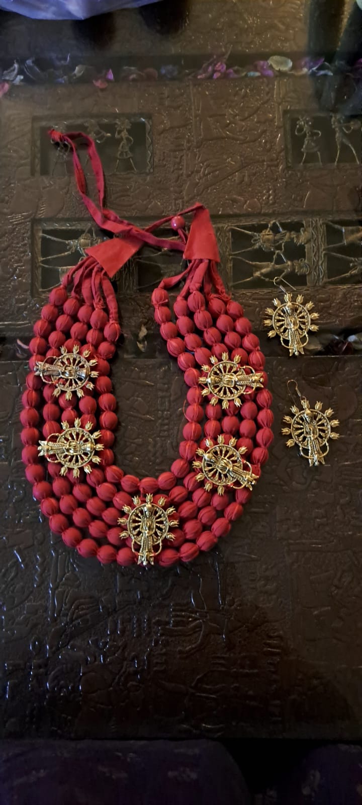 Multilayered fabric beads set with golden oxidised goddess Durga pendants - Red