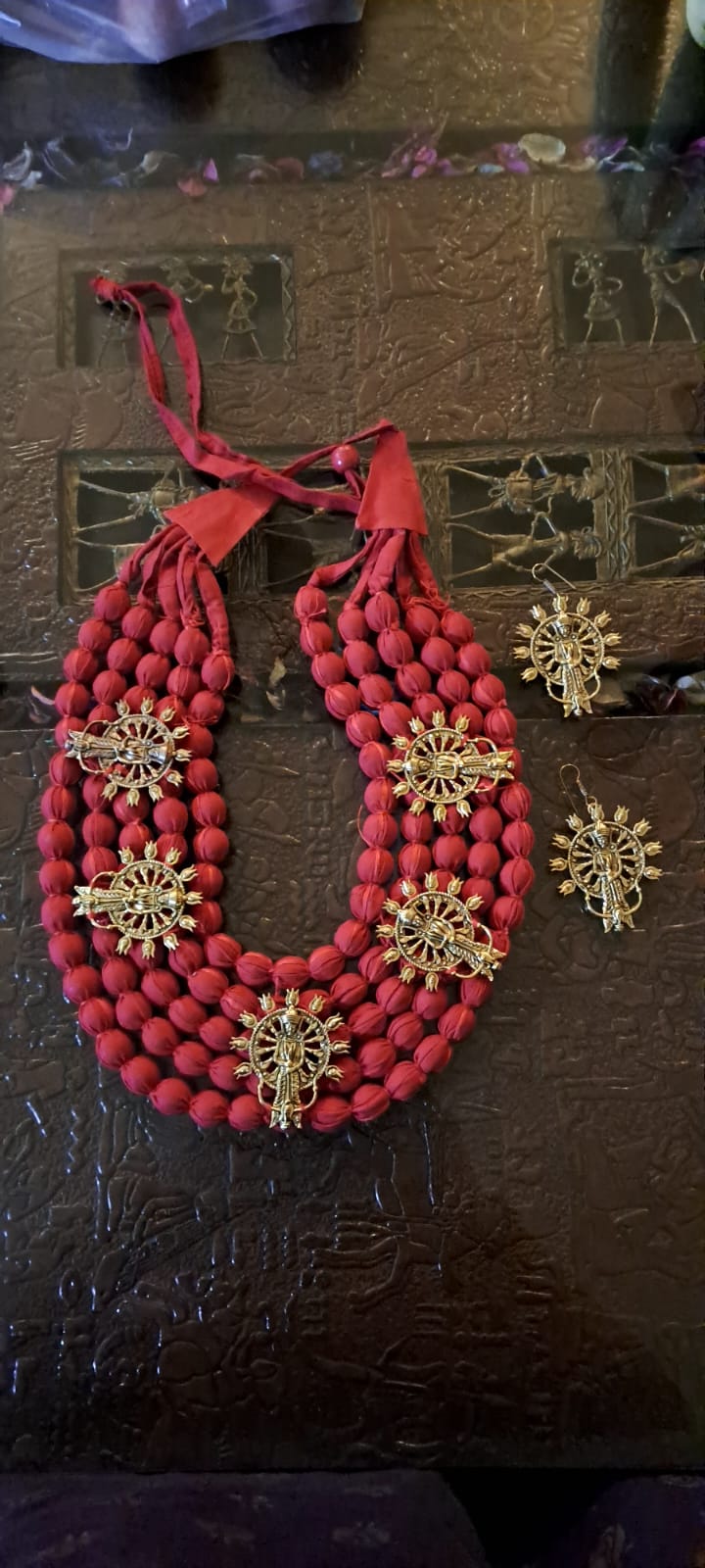 Multilayered fabric beads set with golden oxidised goddess Durga pendants - Red