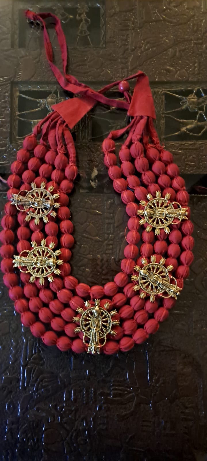 Multilayered fabric beads set with golden oxidised goddess Durga pendants - Red