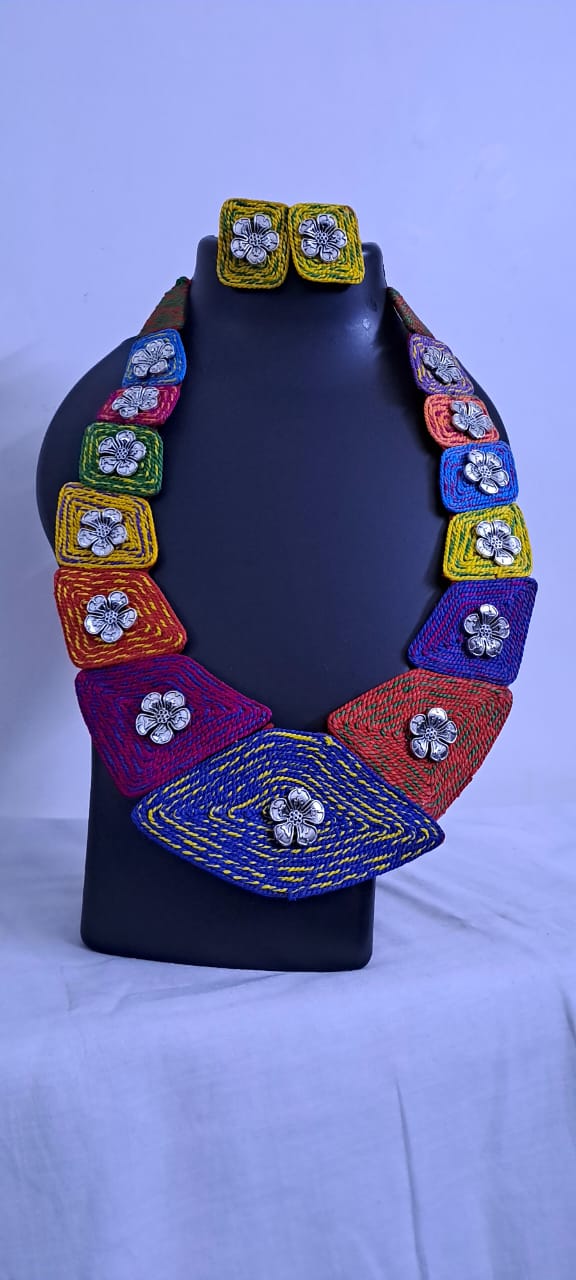 Exclusive Thread Necklace with Silver Oxidised Pendants and Matching Earrings