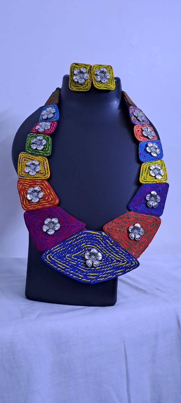 Exclusive Thread Necklace with Silver Oxidised Pendants and Matching Earrings