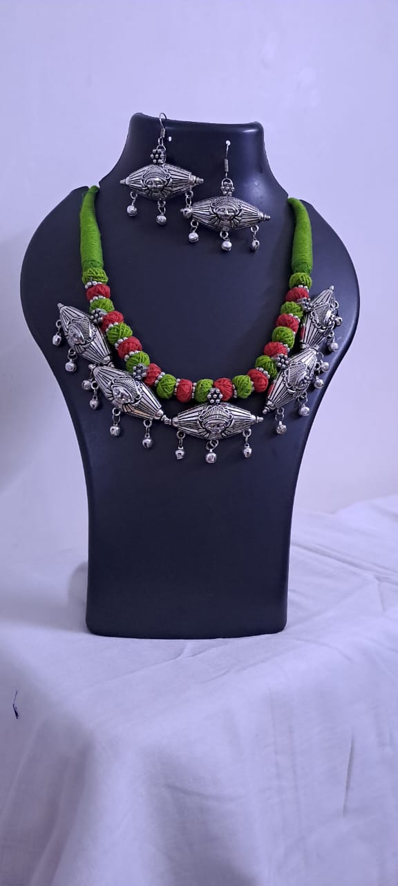 Exclusive Thread Necklace with Silver Oxidised Pendants and Matching Earrings