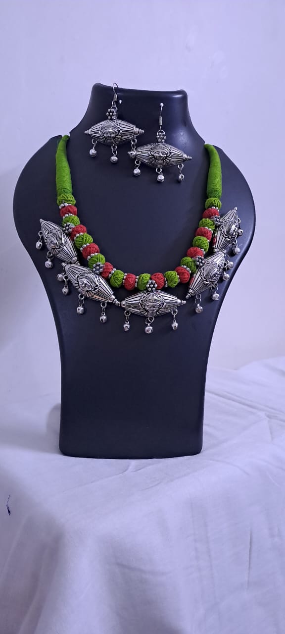Exclusive Thread Necklace with Silver Oxidised Pendants and Matching Earrings