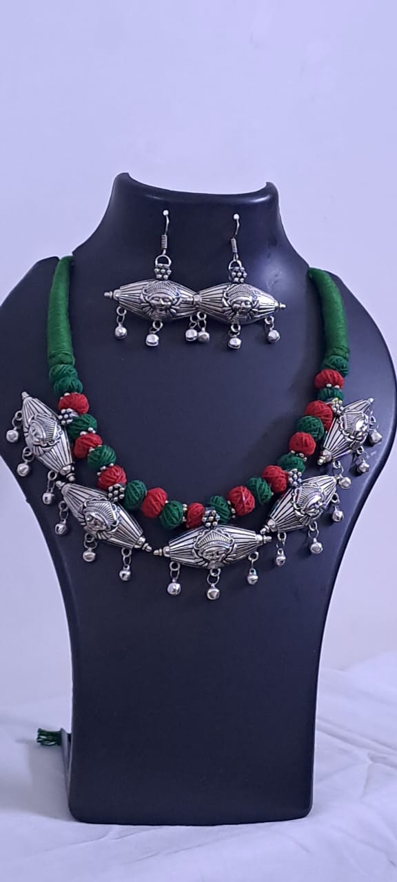 Exclusive Thread Necklace with Silver Oxidised Pendants and Matching Earrings
