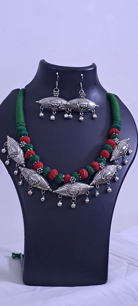 Exclusive Thread Necklace with Silver Oxidised Pendants and Matching Earrings