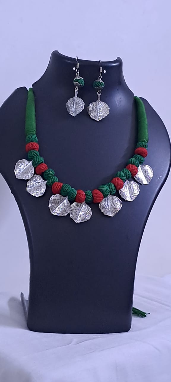 Exclusive Thread Necklace with Silver Oxidised Pendants and Matching Earrings